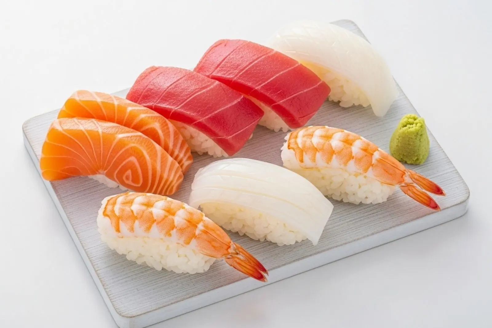 Nigiri sushi platter with salmon, tuna, shrimp and white fish at Mr Cao Japanese Steakhouse in Hutchinson